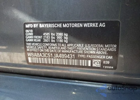 2018 BMW 320I xDrive from USA, damaged, VIN WBA8A3C51JA489431